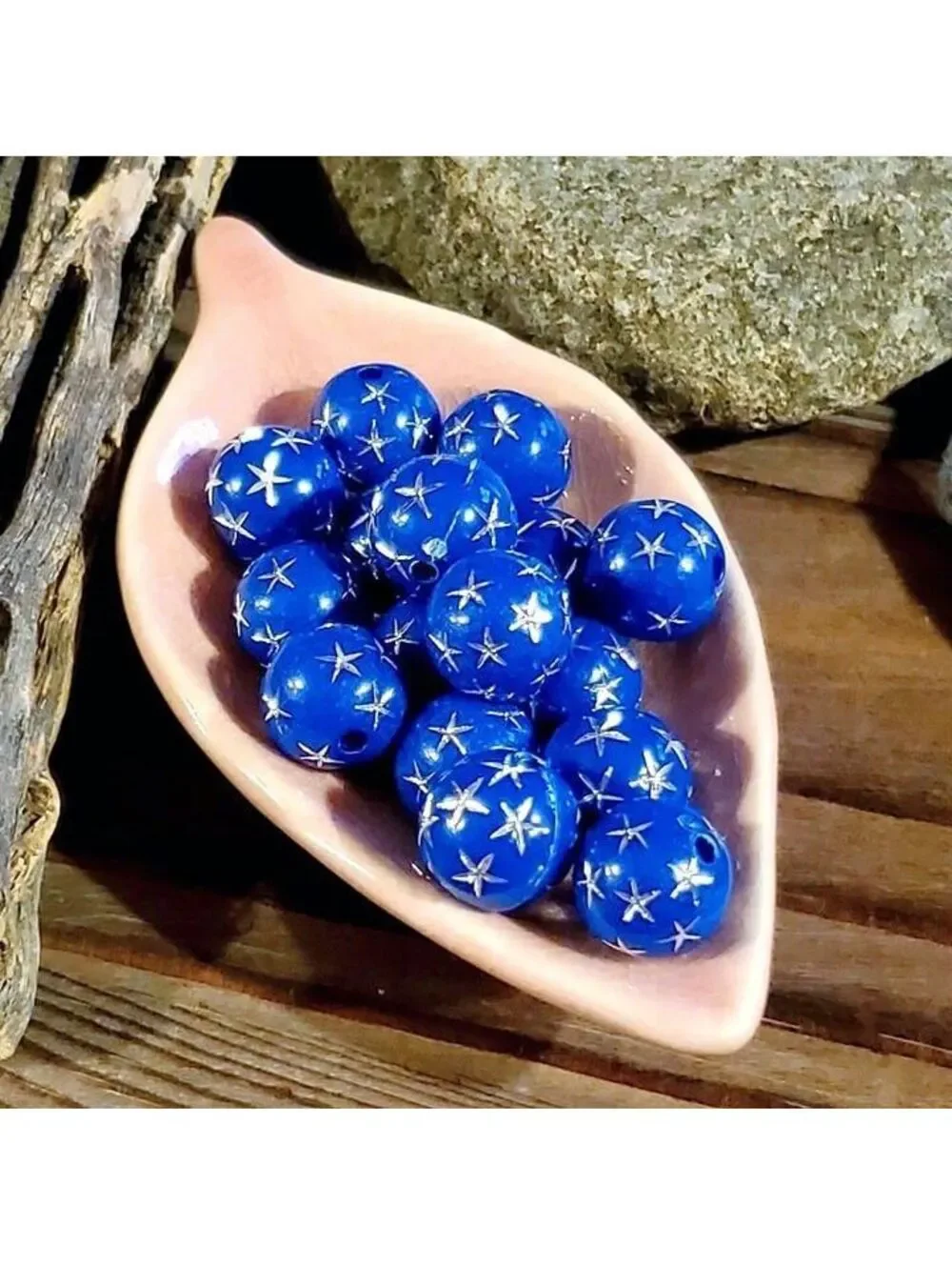 10 Vintage Retro Cobalt Blue Silver Stars 12mm Round Acrylic Shabby Beads